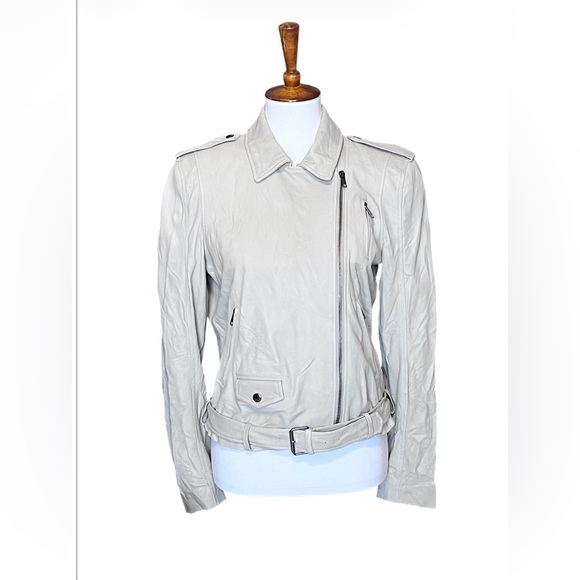 Theory Lamb Leather Moto Jacket light beige/taupe color size Large women’s - Picture 3 of 15